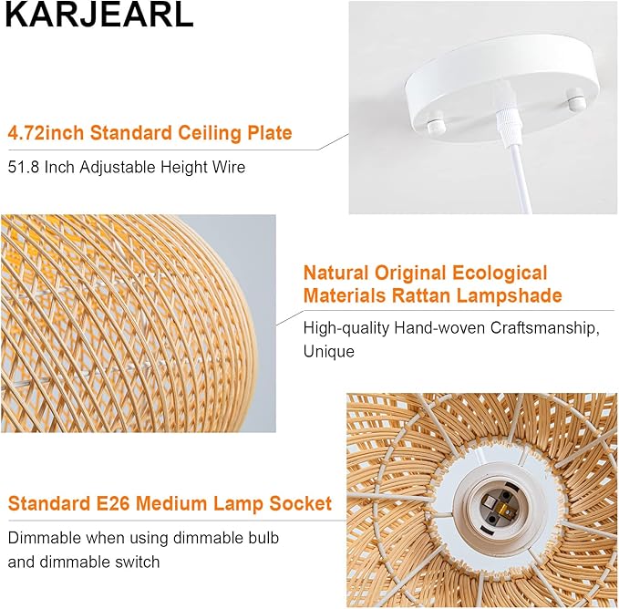 Rattan Pendant Light, 16.5" Hand-Woven Wicker Chandelier Boho Hanging Light Fixture, Farmhouse Natural Raindrop Basket Ceiling Light for Dining Room Kitchen Island Bedroom Living Room, E26