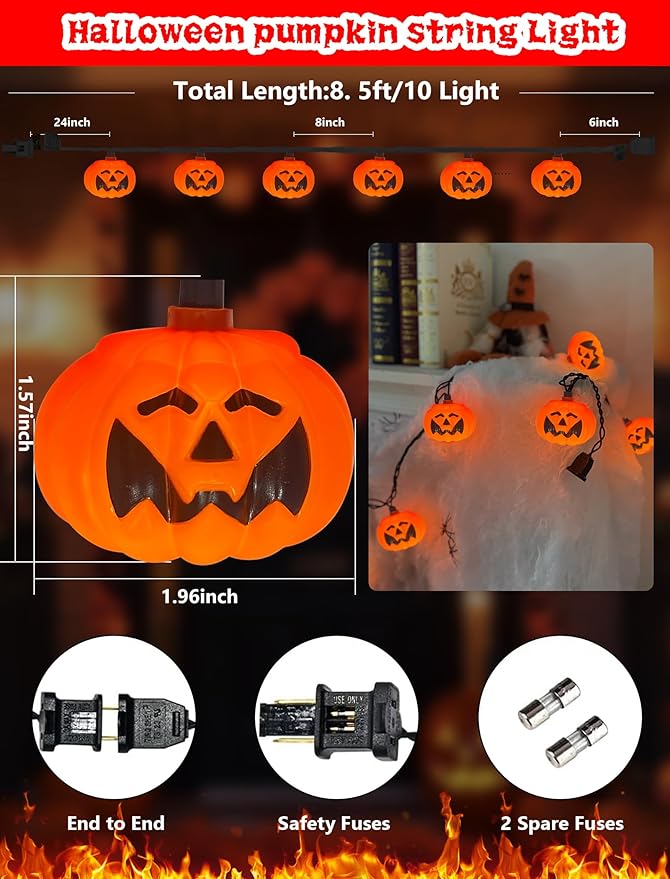 Halloween Pumpkin String Lights Outdoor Indoor, 10FT 12 LED Bat Pumpkin Lights, Waterproof Energy-Saving Halloween Decorations for Porch, Patio, Garden, Party, Trick-or-Treat