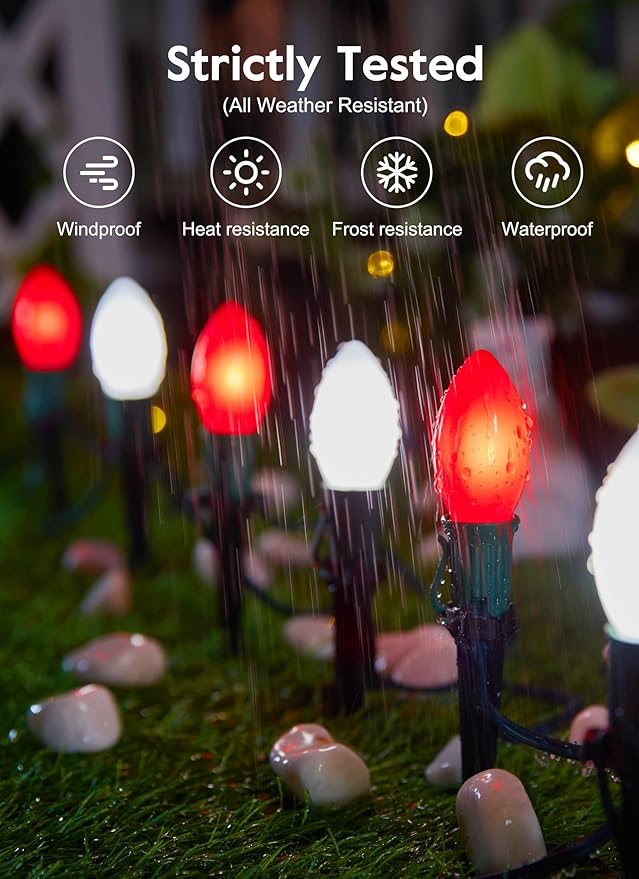 Brightown Frosted C9 LED Christmas Lights Outdoor, 2 Packs Total 51.4Ft 40 LED Bulbs Christmas Pathway Lights, Christmas Decorations Outside Driveway Waterproof Walkway Sidewalk, Red and White
