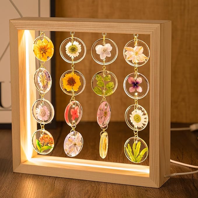 SMUK Handmade Dried Flower LED Desk Lamp, 3 Way Dimmable Cute Pressed Flower Bedside Lamp with Wooden Frame for Desk, Table, Bedroom, Living Room, Office, Aesthetic Cute Table Lamp
