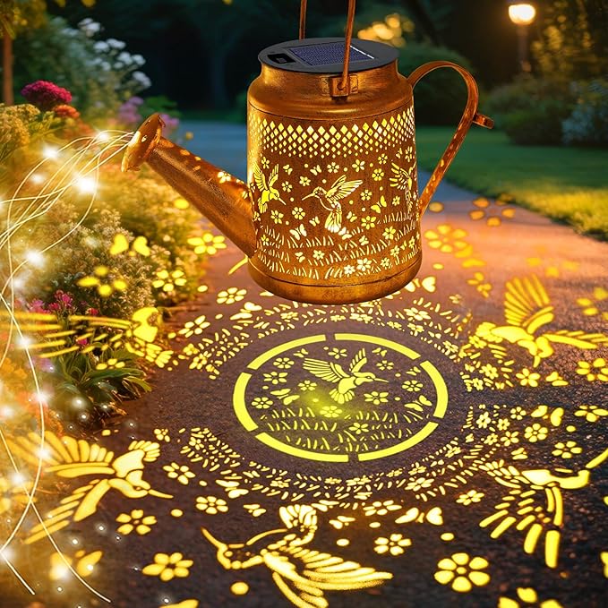 VOOKRY Solar Lights Outdoor Waterproof, Hummingbird Retro Metal Solar Watering Can Lights, Birthday Gifts for Women Mom Grandma, Hanging Lantern Decorative Garden Decor for Outside Yard Lawn Patio