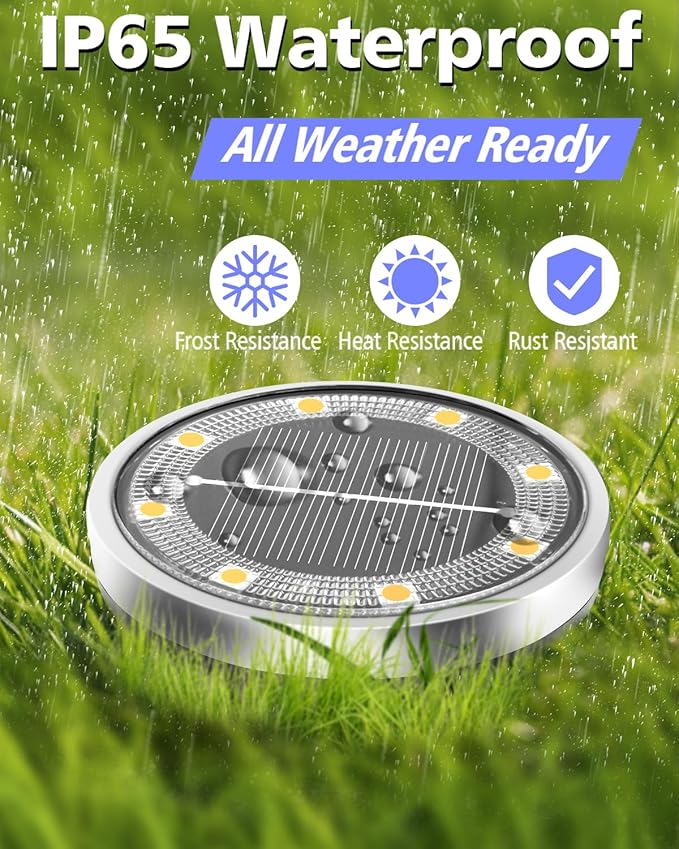 Solar Lights Outdoor Waterproof, 2 Pack 8 LED, Thickened Stainless Steel Ground Light, Solar Garden Lights Landscape Lighting for Patio Pathway Lawn Yard Deck Driveway Walkway, Warm White
