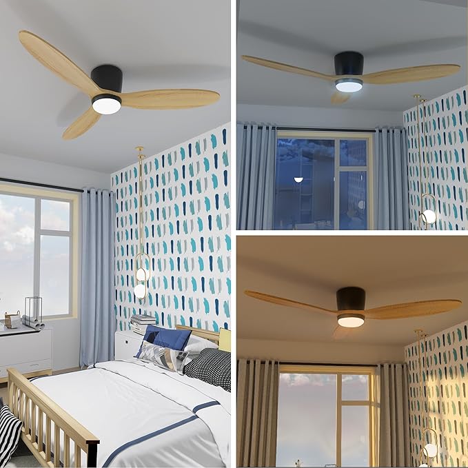 Flush Mount Ceiling Fan with Light, 52 inch Low Profile Ceiling Fans with Remote for Outdoor/Patios, 3 Color Light, 6 Speed, DC Motor, Wood and Modern Matte Black, DOE Certified