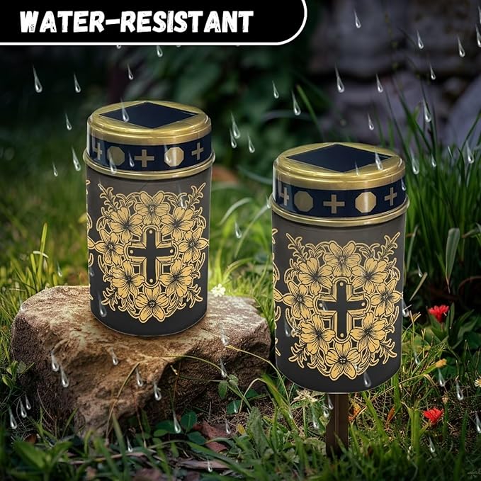 Cemetery Solar Lights Waterproof Solar Powered Grave Lights Golden Cross Landscape LED Flameless Candle Grave Decor Memorial Gift Garden Decor