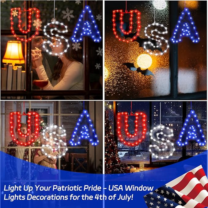 4th of July Window String Lights, USB Powered Twinkle Light for Independence Day Decorations, Memorial Day & Wedding Lights - Red White Blue Hanging Light with 68 LEDs for Trees & Home Decor