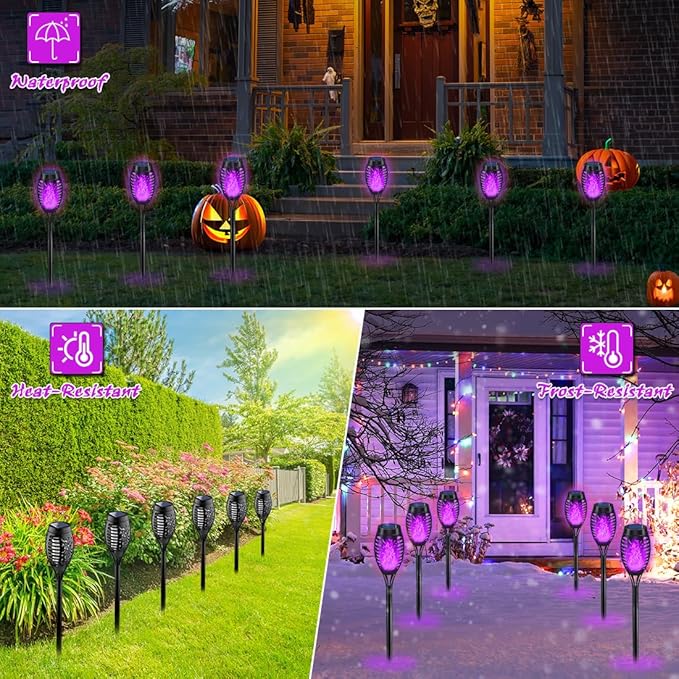 12Pack Halloween Yard Decorations, Purple Solar Halloween Lights for Outside Decor, LED Solar Flame Lights Outdoor for Yard Decorations, Waterproof Luces Solares Outdoor Decor for Patio Garden Pathway