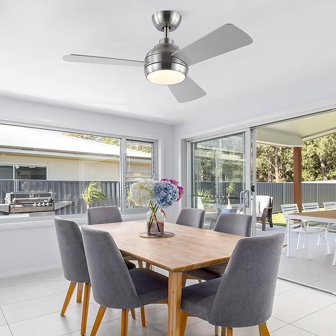 42 Inch Ceiling Fans with Lights and Remote, Modern Brushed Nickel Ceiling Fan with Light, DC Reversible, 6 Speeds, 3CCT, Dimmable, 3 blades, Bedroom, Indoor/Outdoor Patios Use