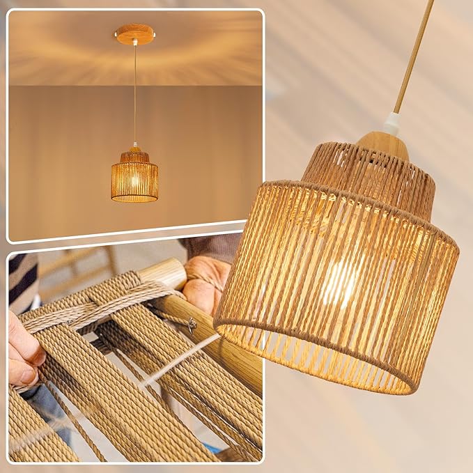 2 Pack Boho Rattan Pendant Light Kitchen Island,Farmhouse Chandeliers Adjustable Height Hanging lamp for Dining Room,Kitchen Ceiling Lights Fixtures with Round Woven Wicker Lampshade Lighting