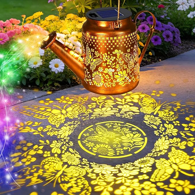 ANGMLN Butterfly Solar Lights Outdoor Waterproof, Birthday Gifts for Mom Grandma Women, Solar Watering Can Lights with Shepherd Hook, Metal Hanging Lantern Garden Decor Yard Outside Patio Lawn