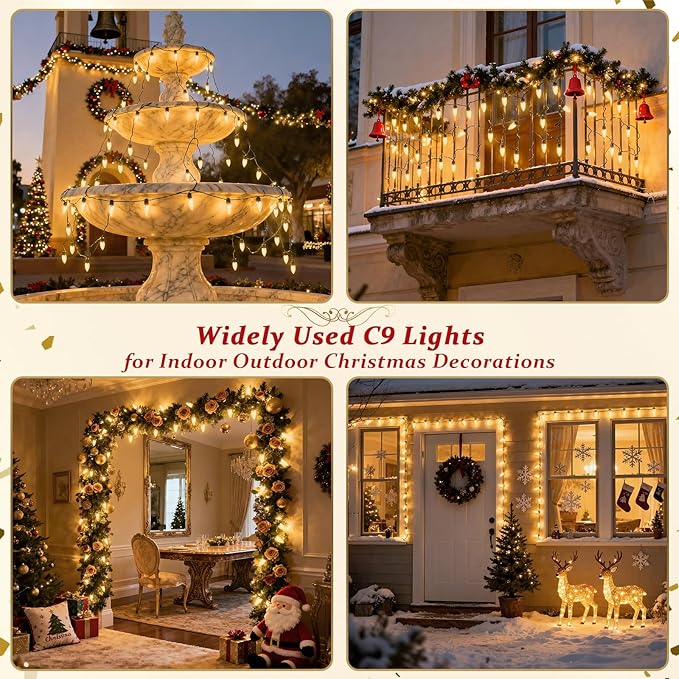 JMEXSUSS 100 LED C9 Christmas Lights Outdoor: 66 FT 8 Modes Plug in Connectable C9 Warm White Christmas Lights for Tree Roof Eaves Garden Decor