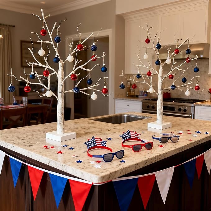 2-Pack Lighted Easter Spring Mothers Day Christmas Tree Decorations Indoor, 2ft Birch Tree with LED Lights, Small Tabletop Patriotic Valentines Day Tree with Lights,Battery- Powered