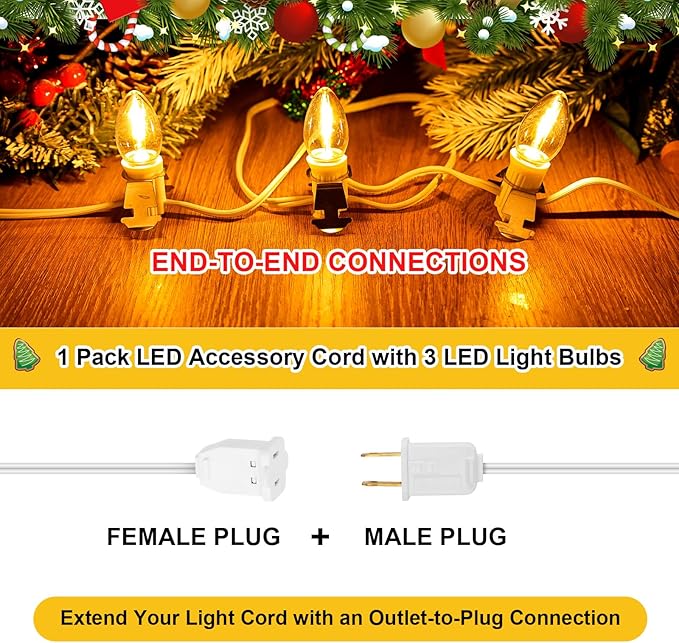 1Pack Accessory Cord with 3LED Bulbs and Outlet Christmas Village Light 7.4FT Blow Mold Light Cord with Spare Fuse Warm White C7 Lamp Christmas Village Accessories for Village Houses Craft Pumpkin