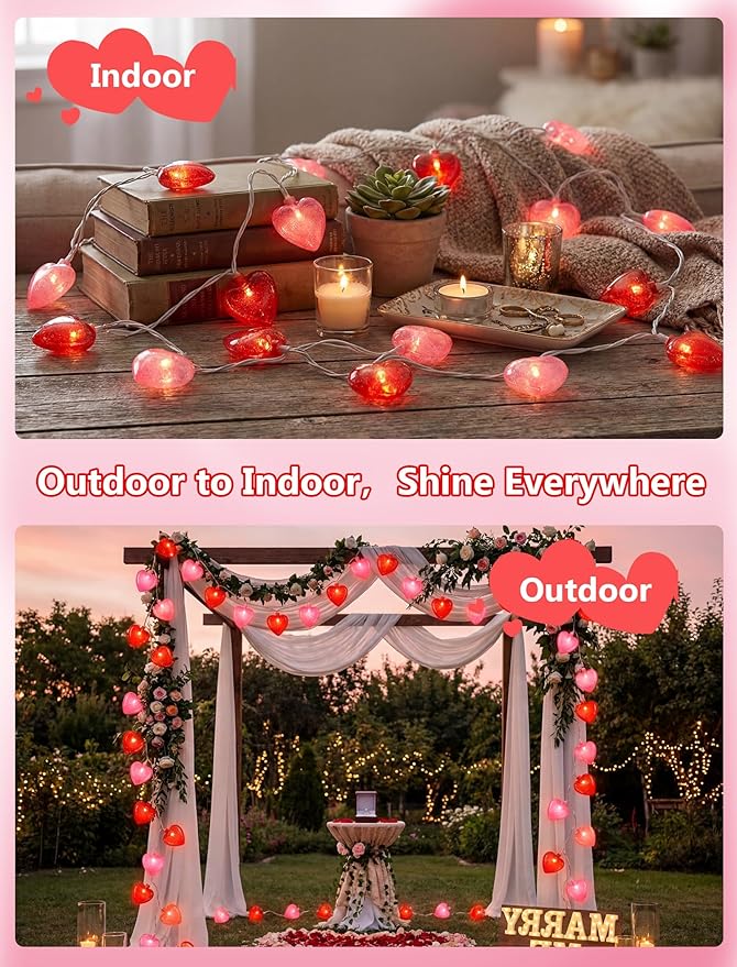 Heart String Lights Plug in, 8.5FT Valentine Lights Indoor & Outdoor, Red Pink Heart Shaped String Lights with 14 LEDs, UL Listed, IP44 Waterproof for Valentine’s Day Decor