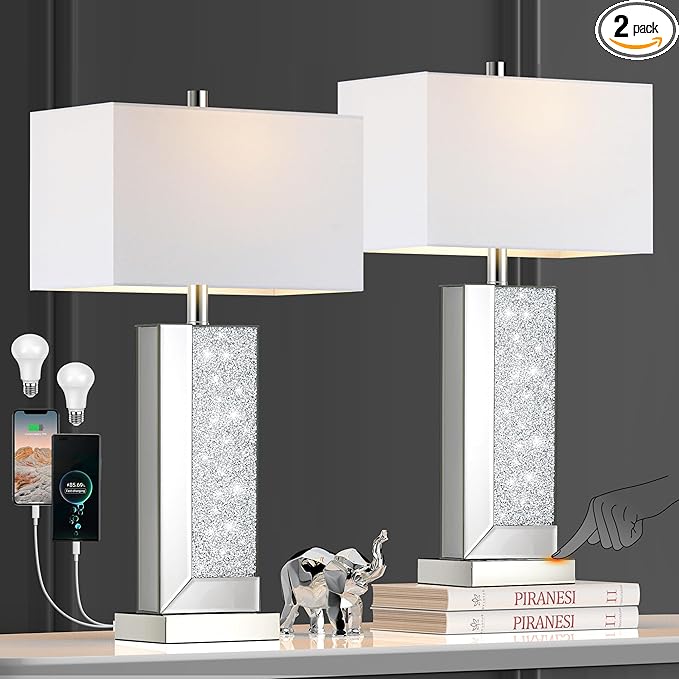 PARTPHONER Modern Mirror Table Lamp Set of 2 - Touch Control 3-Way Dimmable Bedside Lamps with USB-C/A Ports, Silver Diamond Crystal Accent & White Fabric Shade for Bedroom, Living Room, Nightstand