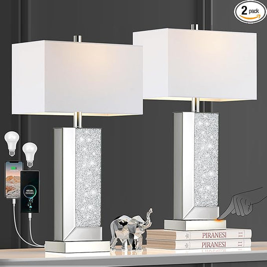 PARTPHONER Modern Mirror Table Lamp Set of 2 - Touch Control 3-Way Dimmable Bedside Lamps with USB-C/A Ports, Silver Diamond Crystal Accent & White Fabric Shade for Bedroom, Living Room, Nightstand