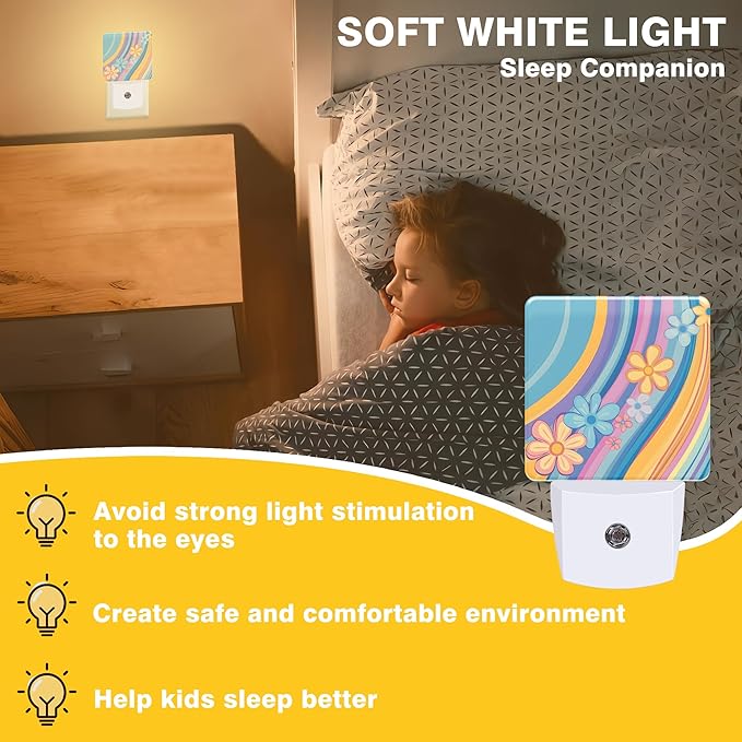 Night Light Retro Rainbow Wavy Floral Night Lights Plug into Wall Smart Dusk to Dawn Sensor 0.5W Energy Efficient Led Lamp for Men Women Bedroom Bathroom Hallway Stairway Decor