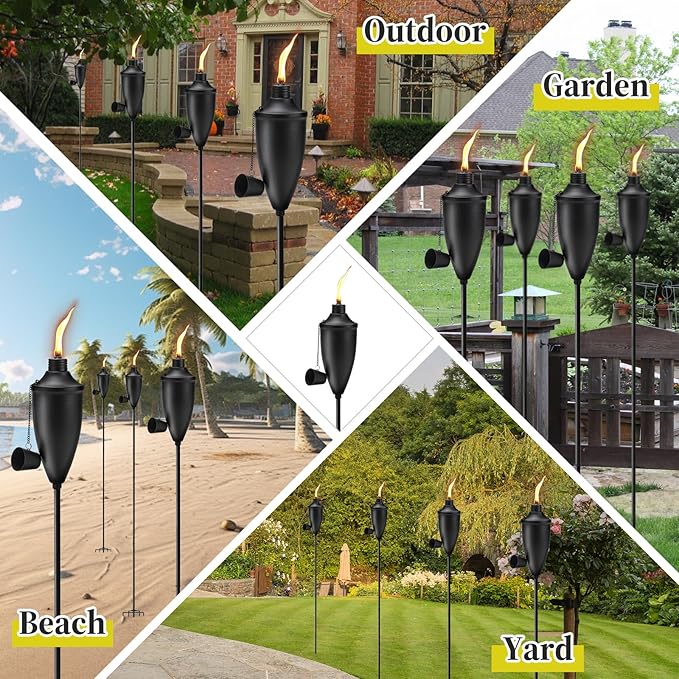 Home Garden Torch Set of 6, Large Capacity 22oz Outdoor Metal Torch Garden Décor, 61 in Upgraded Citronella Torches with 5-Prong Grounded Stake, Torches for Party Patio Pathway