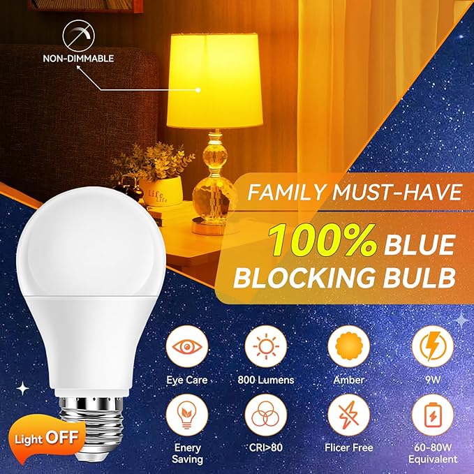 Neporal Amber Sleep Light Bulbs 1800K 3PK, 9W 60 Watt Equivalent, 99.96% Blue Blocking Soft Warm Light Bulbs A19, Amber Night Light E26 for Bedroom and Baby Nursery Light