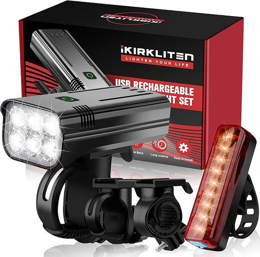 High Lumens Bike Lights Front and Back for Night Riding, 10000mAh USB Rechargeable 6 LED Bicycle Light, 5+5 Modes Bike Headlight and Tail Light Set Runtime 60+ Hrs, IPX5 Waterproof