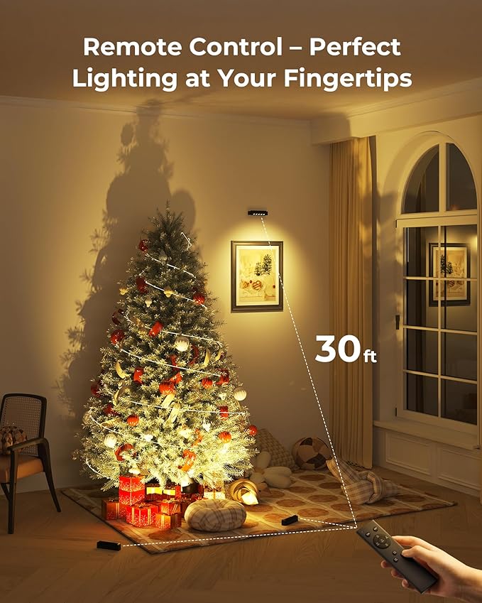 LED Spotlights Indoor, 5500mAh Rechargeable 300 Lumen Picture Lights, Wireless Uplights with Daily Auto Timer＆Dimmable, Spot Lights Indoor for Plants Display Painting Artwork (Black, 4 Pack)