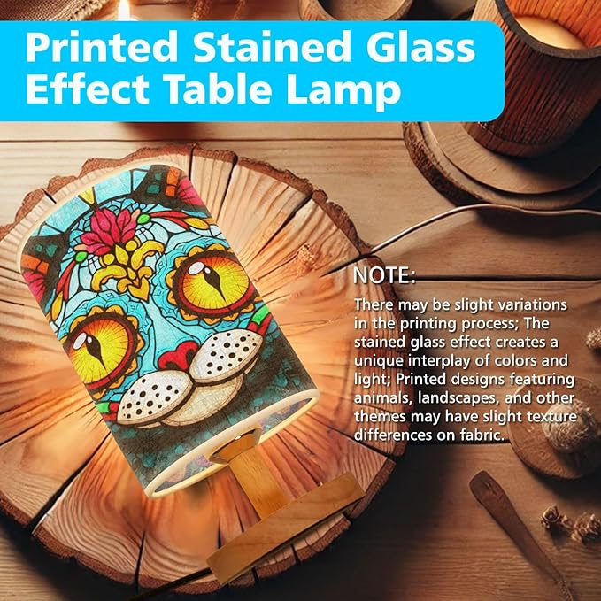 Cat Sugar Skull Table Lamp LED 3-Color Pressed Bedside, Cat Sugar Skull Shade Lamp with Wood Base for Bedroom Living Room Desk Office TL01