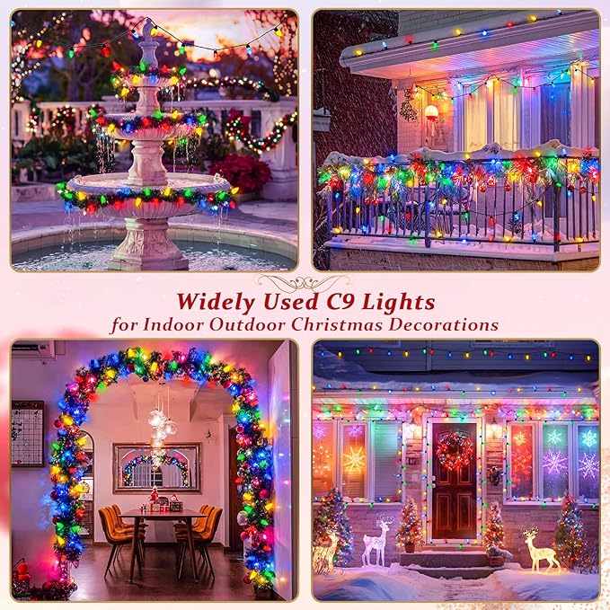 JMEXSUSS 100 LED C9 Christmas Lights Outdoor: 66 FT 8 Modes Plug in Connectable C9 Christmas Tree Lights for Roof Garden House（Multicolor）