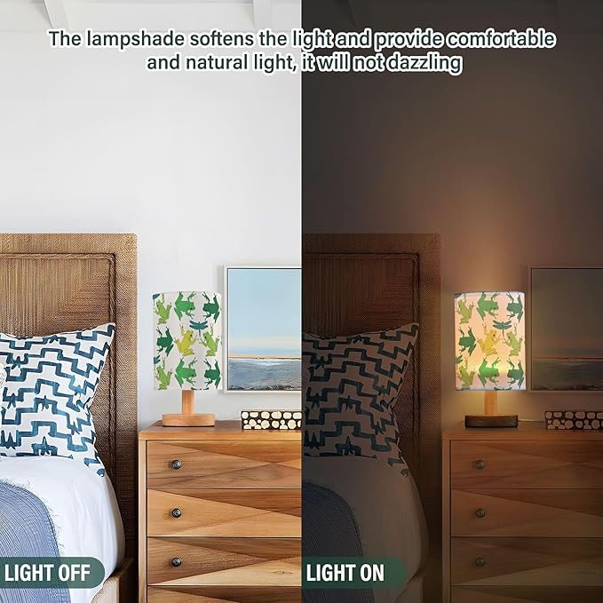 Frog and Dragonfly Pattern on White Table Lamp with Wood Base Fabric Lamp Shade Bedside Nightstand Desk Lamp for Living Room Bedroom Kids Room Office