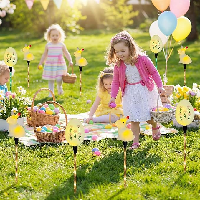 Easter Decorations Solar Pathway Lights, 6pcs Easter Bunny and Egg Lights with 8 Lighting Modes, Outdoor LED Colored Stake Lights for Lawn Yard Porch Patio Decoration (White - Rabbit+Egg)