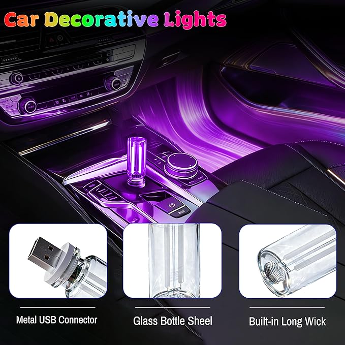 USB Car Night Light,Touch Dimmable Mini LED Lights,Portable Retro Glass Bottle Decorative Lights for Car Interior, Bedroom,Hallway & Party Decor,4-Pack (Red&Blue&Green&Purple)