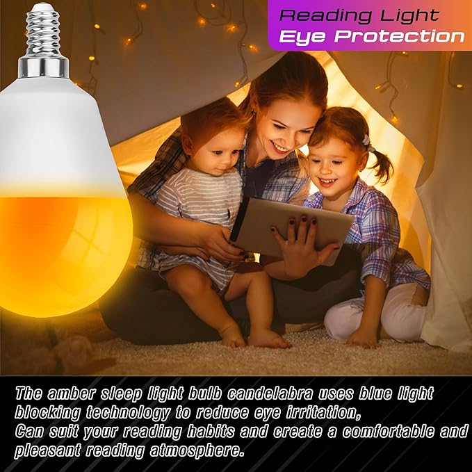 E12 Small Candelabra Base Amber Sleep Light Bulbs, 1800K Blue Light Blocking, G45 Warm Night Light Bulbs 25W-40W Equivalent, 3W 300LM E12 Amber Bulb for Healthy Sleep, Bedroom, Non-Dimmable, 2 pack
