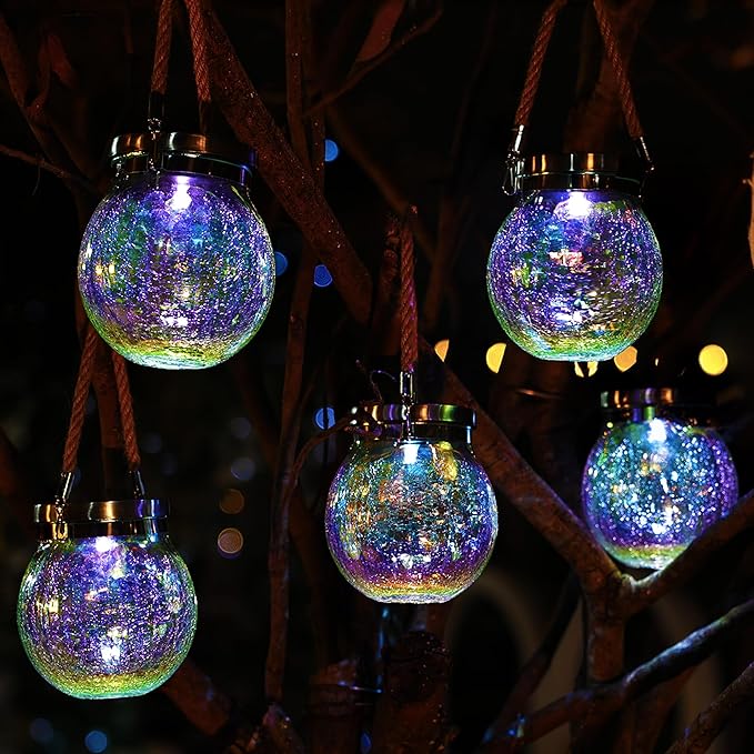 Cooo 6 Pack Gifts for Him Her Solar Lanterns Waterproof Outdoor Iridescent Heavy Crackle Glass LED Stainless Steel Lid for Women Mom Grandma Outdoor Table Lamps Garden Backyard Decor