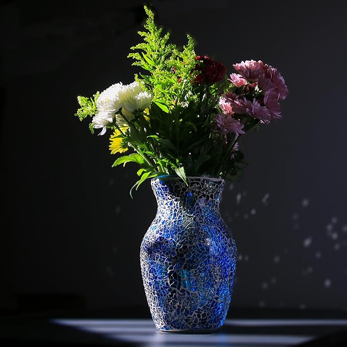 8-Inch Handcrafted Mosaic Cracked-Ice Vase Bedside Lamp with USB-Powered LED Wooden Base,Single-Switch Auto-Cycle RGB Mood Light,Ocean Blue Vase USB Night Light for Party,Camping Decor