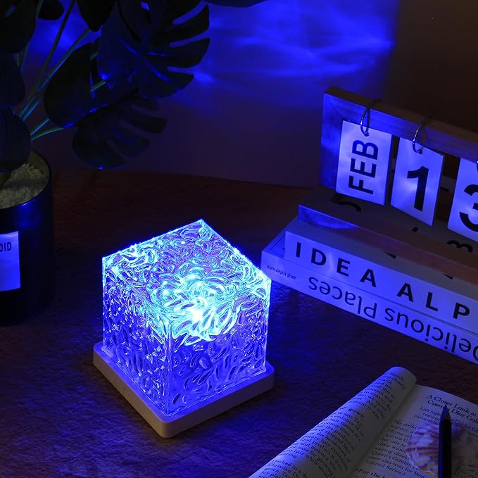 Northern Lights Cube Lamp Ocean Water Projector Luminorthe lumena Lights Cube Bedroom Decor 16 Colors Rotating Flame Remote Charging for Kids Adults