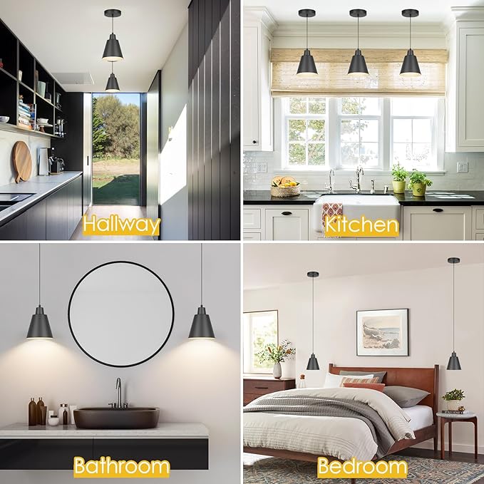 Industrial Pendant Lights, Black Pendant Light Fixtures, Vintage Kitchen Island Light with Black Metal Shade, Farmhouse Pendant Lights for Dinning Table Bedroom Bar - Black, 3 Packs