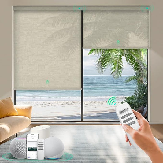 HeyBlinds Motorized Roller Shades, Smart Blinds for Windows, Remote Automatic Window Shades, Electric Shades, Light Filtering, Compatible with Alexa Google Apple Home (Moon River-Sand LF)