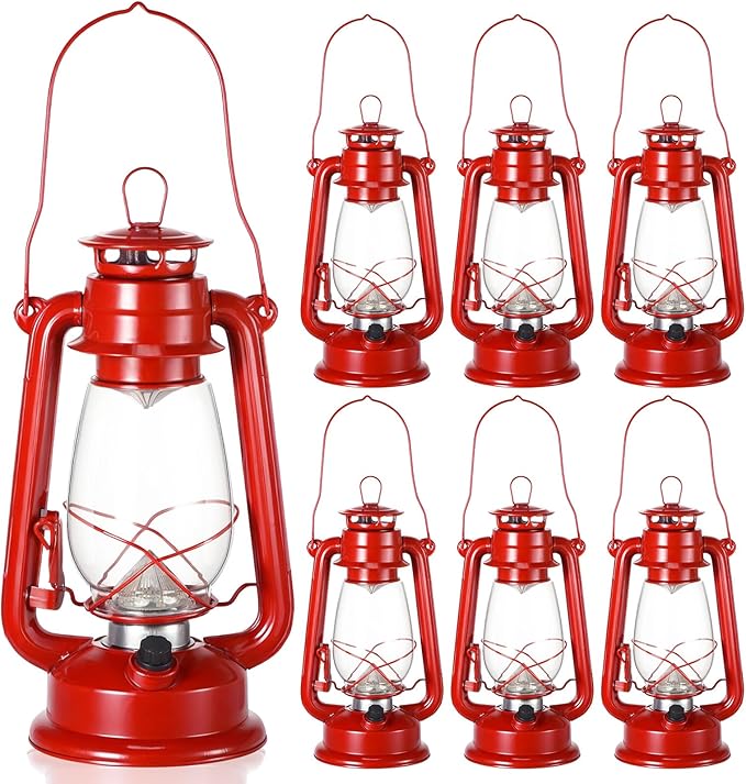 Hortsun 6 Pcs 12 Inch Vintage LED Hurricane Lantern Metal Red Outdoor Battery Operated Hanging Lantern with Warm LEDs and Dimmer Switch for Indoor Rustic Farmhouse Country Camping Decor