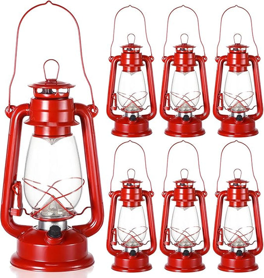 Hortsun 6 Pcs 12 Inch Vintage LED Hurricane Lantern Metal Red Outdoor Battery Operated Hanging Lantern with Warm LEDs and Dimmer Switch for Indoor Rustic Farmhouse Country Camping Decor