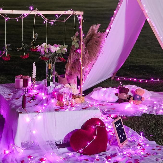 JMEXSUSS Connectable 100 LED Pink Christmas Lights, 33ft 8 Modes Room Lights Clear Wire, Plug in Pink String Lights Indoor Outdoor for Room Decor Christmas Tree Bedroom Valentines Party
