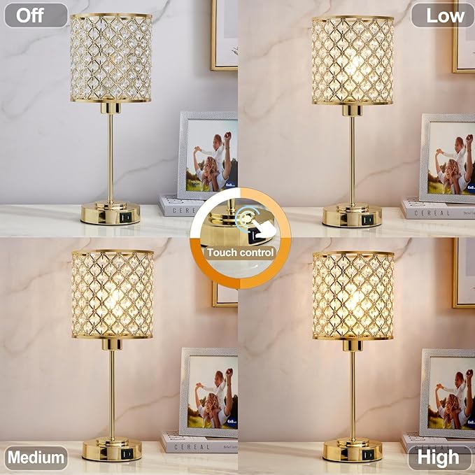 GyroVu Crystal Touch Control Table Lamp with USB-C+A Charging Ports, Dimmable Nightstand Lamp Set of 2 Crystal Decorative Bedside Lamps with Gold Elegant Shade for Bedroom Living Room, Bulbs Included