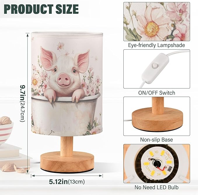 Cute Pig Pink Floral in Tub Table Lamp with Wood Base Fabric Lamp Shade Bedside Nightstand Desk Lamp for Living Room Bedroom Kids Room Office