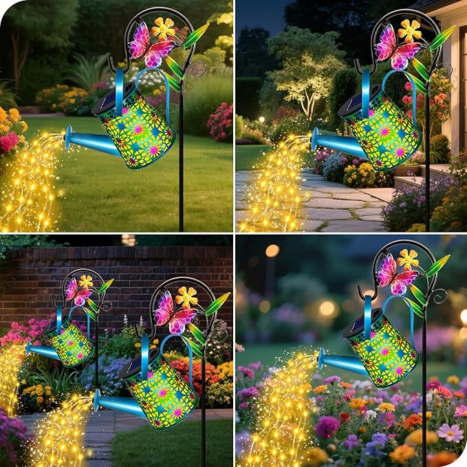 Solar Lights Outdoor Decorative, Blue Metal Solar Watering Can Lights Waterproof, Gifts for Women Mom Grandma Birthday, Hanging Lantern Decoration Garden Decor Yard Light for Outside Patio Lawn Porch