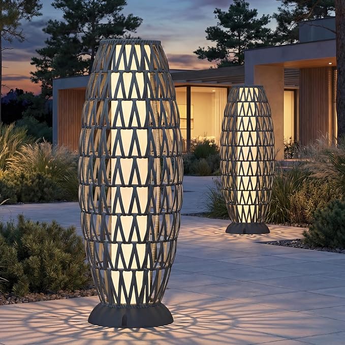 Solar Yard 2-Pack 29" Outdoor Solar-Powered Woven Wicker Boho Lantern Floor Lamp, Decoration for Deck Garden, Pathway, Oslo Silver Black