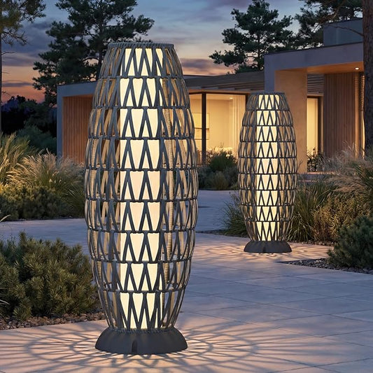 Solar Yard 2-Pack 29" Outdoor Solar-Powered Woven Wicker Boho Lantern Floor Lamp, Decoration for Deck Garden, Pathway, Oslo Silver Black