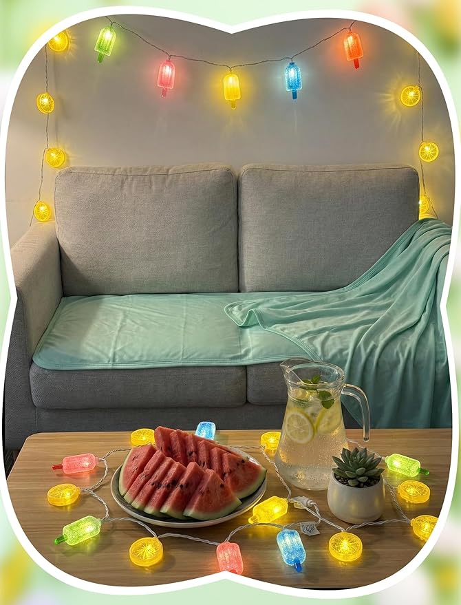 8.5Ft LED Popsicle and Lemon String Lights, Hawaiian Beach Decorations Lights with 10 Multicolor Popsicle and Yellow Lemon Bulbs, Summer Tropical Themed Fairy Lights for Home Party Holiday Camping