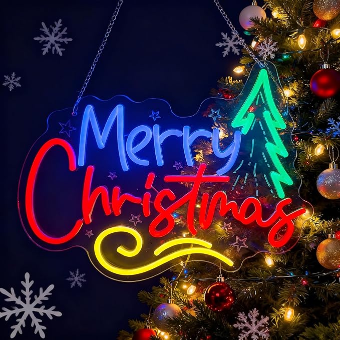 Christmas Neon Sign, Green Tree Shape with 'Merry Christmas' Lettering, LED Holiday Decoration for Indoor Home Wall/Tabletop