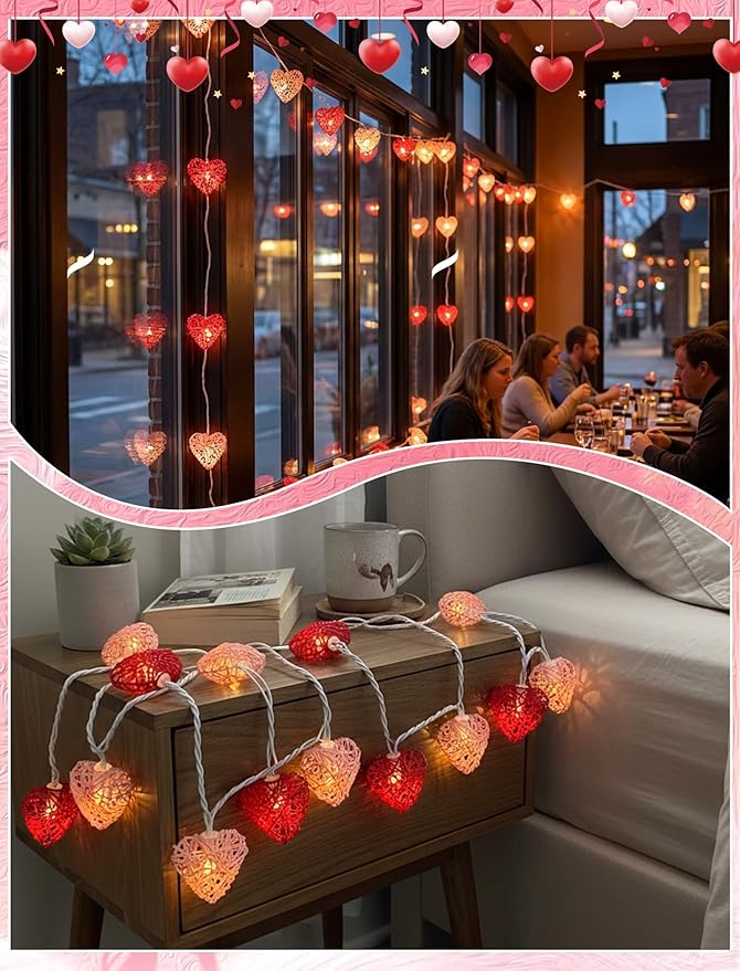 8.5ft Valentine’s Day Heart String Lights Plug in, Vintage Rattan Lights with 10 LED Red Pink Shatterproof Bulbs, Fairy Lights for Indoor Outdoor Home Decor Wedding Party Birthday, Warm White