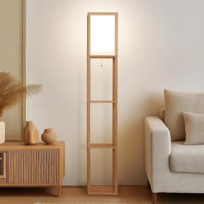 Brightech Maxwell - Modern Shelf Floor Lamp with Lamp Shade & Warm White LED Bulb, Corner Display Floor Lamp with Shelves for Living Room, Bedroom, Nightstand Office, Home Decor Storage - Natural Wood
