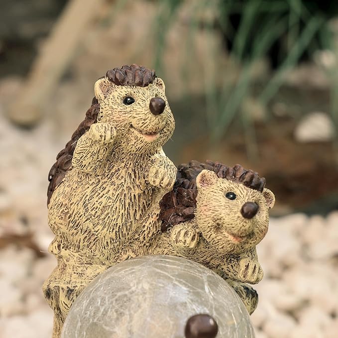 Solar Hedgehog Statue with Ball Lamp, 9x5x9 Inch Outdoor Garden Decor, Cute Resin Animal Figurine for Yard Pathway & Patio Lighting