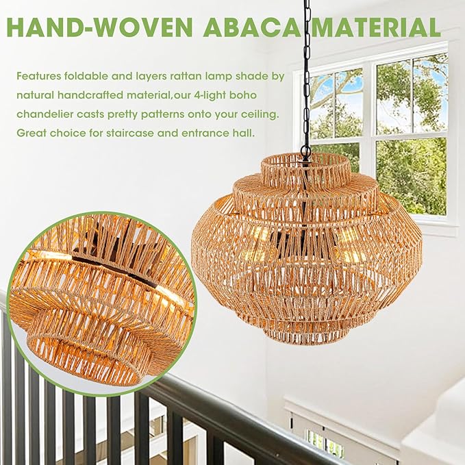 23.6‘’ Rattan Chandelier Dinning Room Pendant Light Fixture Boho Chandelier Boho Hanging Light Large Basket Light Woven Rattan Pendant Light for Kitchen Island Bedroom Farmhouse Living Room