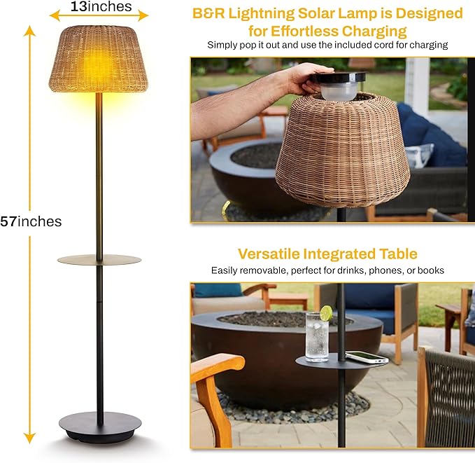 B&R Lighting Solar Outdoor Floor Lamp with Table - Cordless Outdoor Floor Lamp - Patio, Porch, Garden - Rattan Wicker Lights for Outside - Waterproof, Rechargeable, Weatherproof